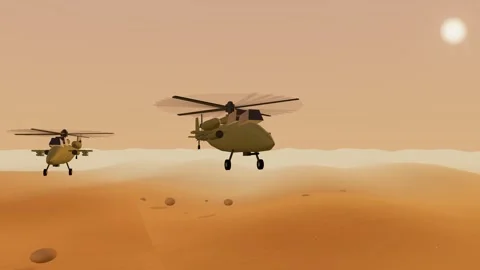 Military attack helicopter pair desert golden hour arc pass flight 스톡 동영상 340900788