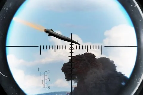 Military attack using missile captured by aiming and guidance optics. Stockfoto's