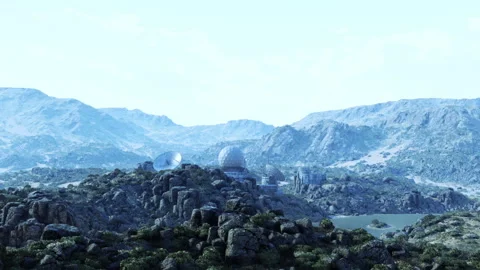 Military base located in rugged mountains with satellite dishes and lake view Stock Footage 331399676