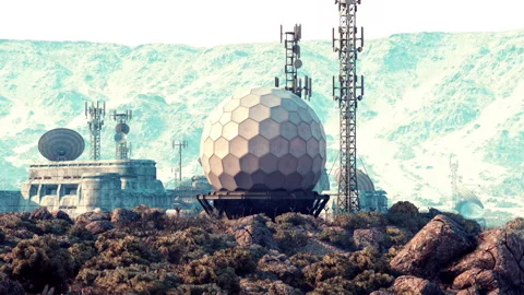 Military base in mountains with comms arrays and domes Stock Footage 304463030
