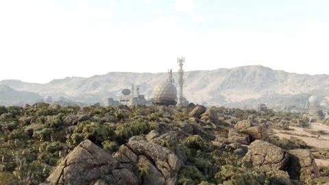 Military base set in mountains with communication towers Stock Footage 304463027