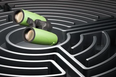 Military binocular inside labyrinth, maze. 3D rendering Stock Illustration