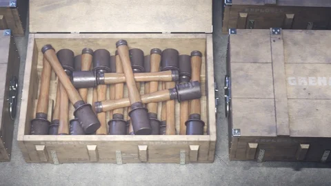 Military boxes with grenades. Huge stack. Warehouse. Endless animation. 4KHD Stock Footage 119978535