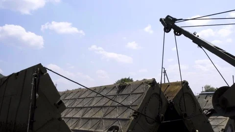 Military bridge with an internal compartment of the pontoon park based on the Stock Footage 117693788