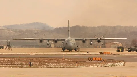 Military C5 plane preparing for takeoff Stock Footage 70427124