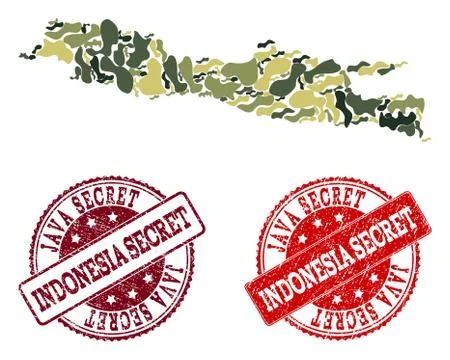 Military Camouflage Collage of Map of Java Island and Grunge Secret Stamps Illustrazione stock