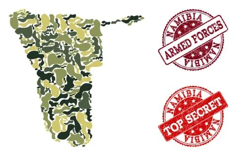 Military Camouflage Composition of Map of Namibia and Scratched Secret Seals Stock Illustration