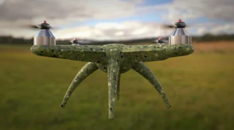 Military, camouflage textured drone takes off to spy mission up to the sky Stock Footage