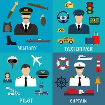 Military, captain, pilot and taxi driver flat icons Stock Illustration