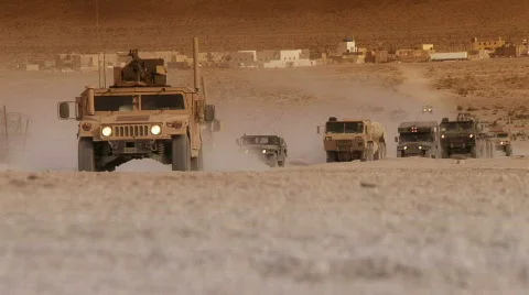 Military caravan in desert, convoy Stock Footage