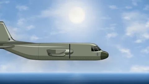 Military Cargo Plane Flying Over Ocean Under Bright Sun Stock Footage 344714612