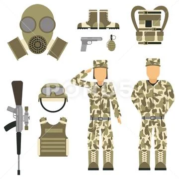 Military character weapon guns symbols armor man set forces design and ...