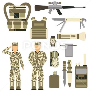 Military character weapon guns symbols armor man set forces design and ...