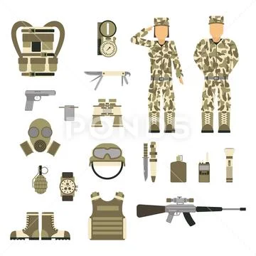 Military character weapon guns symbols armor man set forces design and ...