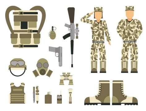 Military character weapon guns symbols armor man set forces design and american Stock Illustration