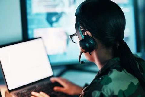 Military command center, computer screen and woman in mockup, headset and tech Stock Photos