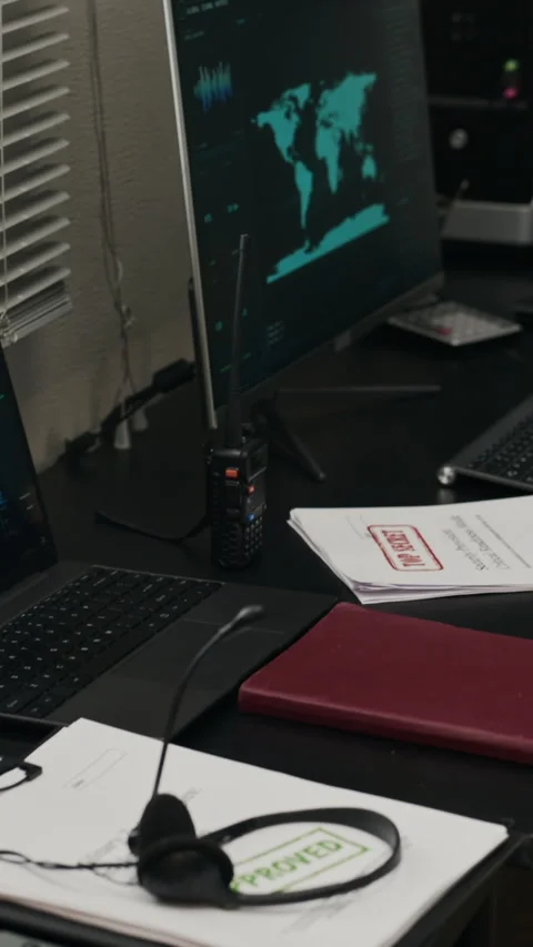 Military Command Center Workspace Displaying World Map with Secret Documents Stock Footage 343735942