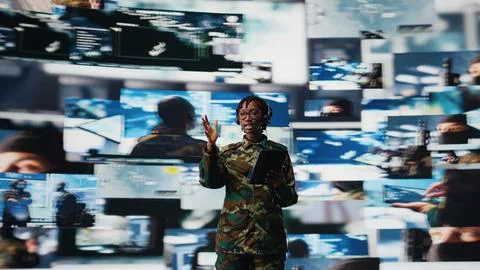 Military commander in war communicating enemy activity to troops Stock Photos