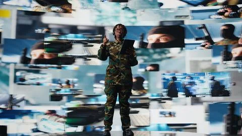 Military commander in war communicating enemy activity to troops Stock Photos