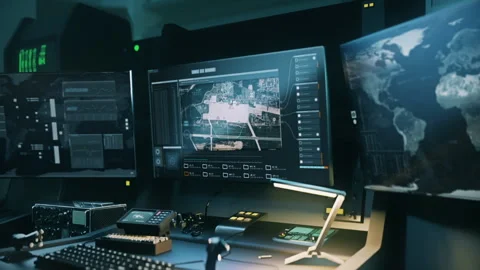 Military computer program uses a satellite to detect the enemy air base Stock Footage 252486571
