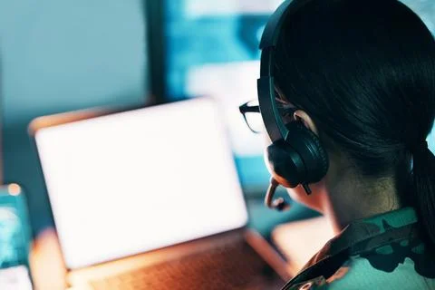 Military control room, computer screen and woman with mockup, headset and tech Stock Photos