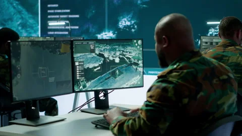 Military crew in a high tech operations command post managing information Stock-Footage 280148140