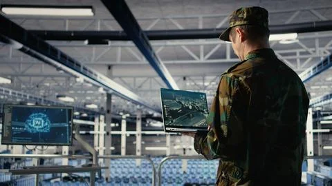 Military data center expert using ballistic missiles radar on laptop Stock Photos