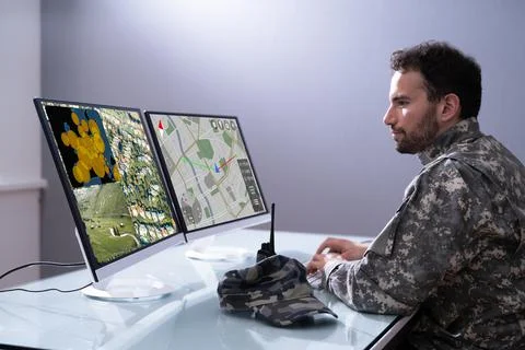 Military Data Center Using Computer Software Stock Photos