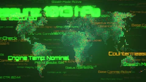 Military data interface over world map seamless loop background Stock Footage 347206011
