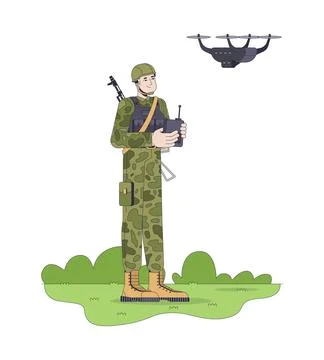 Military drone operator controlling UAV 2D vector illustration Stock Illustration