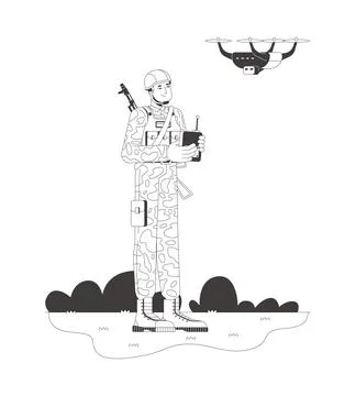 Military drone operator controlling UAV flat line illustration Stock Illustration