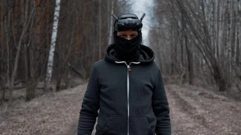 Military drone operator at war, preparing for flight, filming in forest Stock Photos