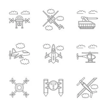 Military drones linear vector icons set Stock Illustration