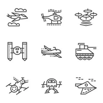Military drones simple line vector icons Illustrazione stock