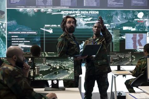 Military engineering team processes tactical data with reconnaissance radar CCTV Stock Photos