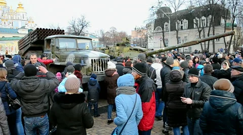 Military exhibition of weapon captured in Eastern Ukrainein Kiev, Ukraine. Stock Footage 47254732