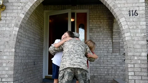 Military Father Coming Home to Family Stock Footage