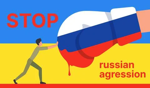 Military fight between tiny man and boxing glove, Stop Russian aggression Stock Illustration