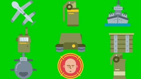 Military force on green screen featuring drone tank ship radio hovercraft Stock Footage 334704226