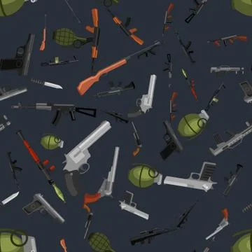 Military gun seamless pattern, automatic and hand weapon in magazine barrel with Stock Illustration