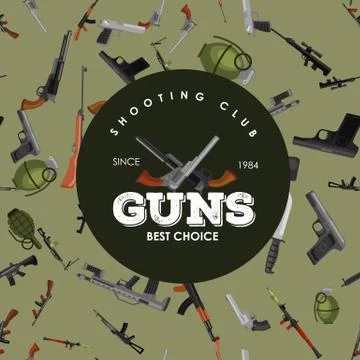 Military gun seamless pattern, automatic and hand weapon in magazine barrel with Stock Illustration