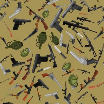 Military gun seamless pattern, automatic and hand weapon in magazine barrel with Stock Illustration