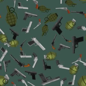 Military gun seamless pattern, automatic and hand weapon in magazine barrel with Stock Illustration