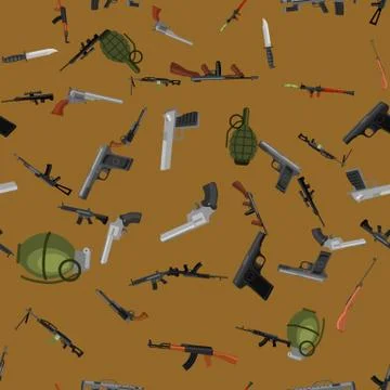 Military gun seamless pattern, automatic and hand weapon in magazine barrel with Stock Illustration