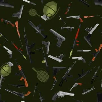 Military gun seamless pattern, automatic and hand weapon in magazine barrel with Stock Illustration