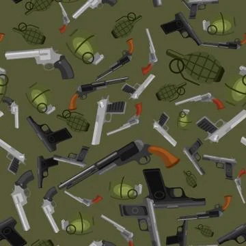 Military gun seamless pattern, automatic and hand weapon in magazine barrel with Stock Illustration
