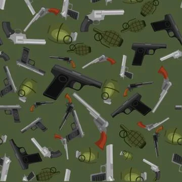 Military gun seamless pattern, automatic and hand weapon in magazine barrel with Stock Illustration