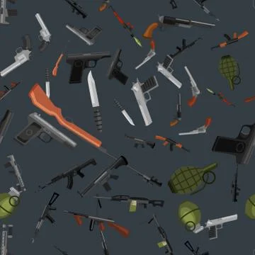 Military gun seamless pattern, automatic and hand weapon in magazine barrel with Stock Illustration