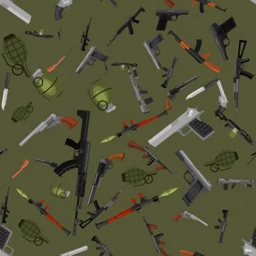 Military gun seamless pattern, automatic and hand weapon in magazine barrel with Stock Illustration