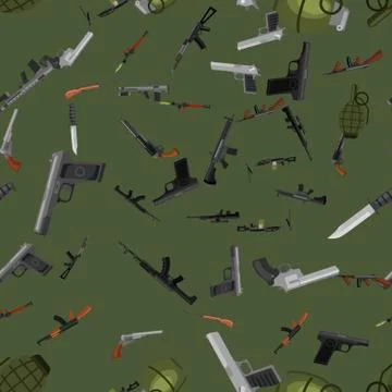 Military gun seamless pattern, automatic and hand weapon in magazine barrel with Stock Illustration